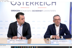 Wiens FPÖ-Landesparteichef Dominik Nepp (l.) und -Bundesparteiobmann Herbert Kickl bei ihrer Pressekonferenz in Wien.
